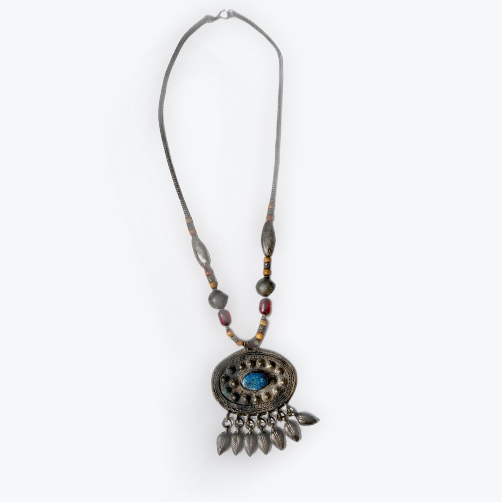 Vintage Artisan Bohemian Silver and Blue Pendant Necklace